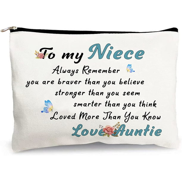 Regalo para sobrina, bolsa de cosméticos de maquillaje, You are Braver Than You Think Love Auntie-Artículos de tocador, organizador de accesorios de joyería, bolsa con cremallera, regalo para niña,
