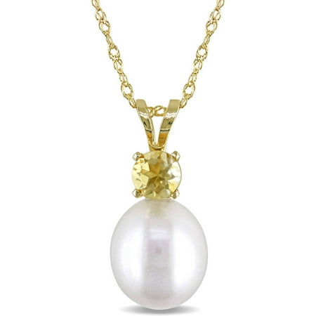Tangelo 8-8.5mm White Cultured Freshwater Pearl and 1/4 Carat T.G.W. Citrine 14kt Yellow Gold Fashion Pendant, 17