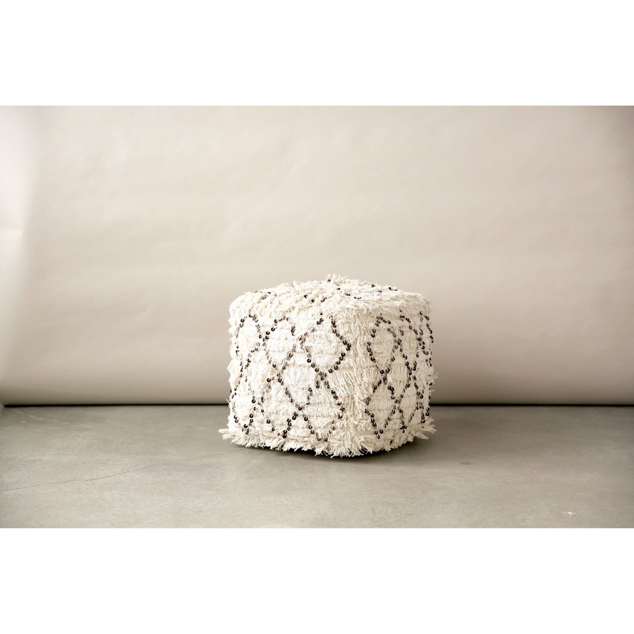 Creative Co-Op Elegant Moroccan Wedding Quilt Pouf with Sparkling Sequins, White