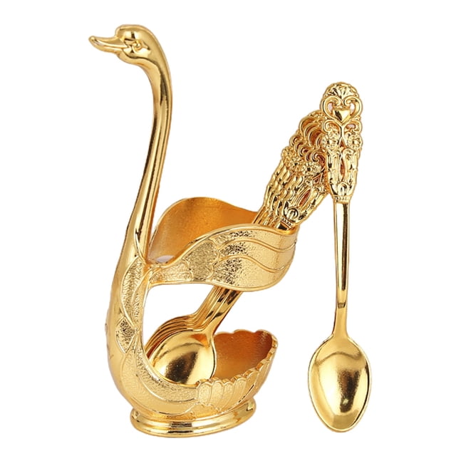 BUYISI Gold Creative Dinnerware Set Decorative Swan Base Holder With 6 Spoons Forks For Coffee Fruit Dessert Stirring Mixing Teaspoon