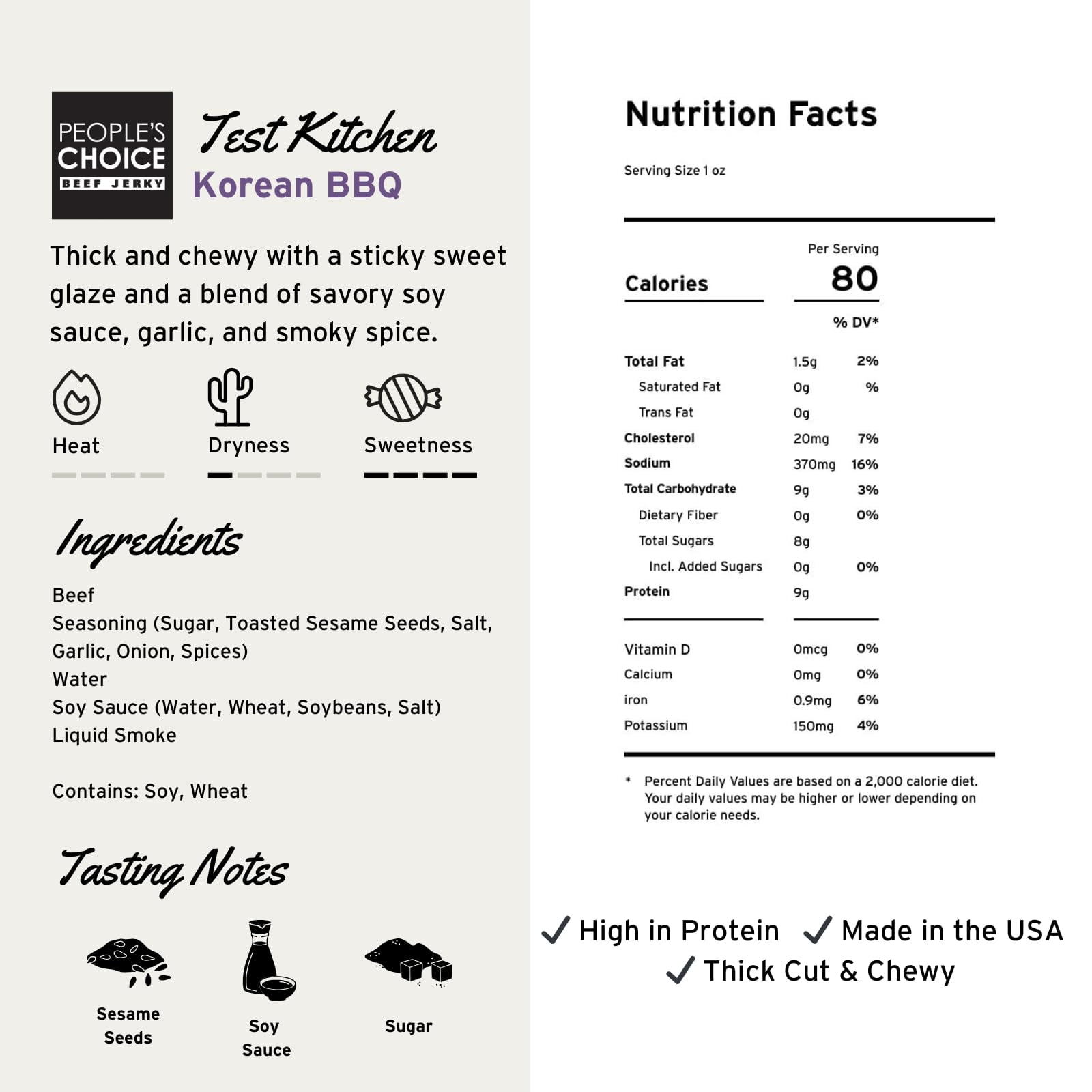 People's Choice Beef Jerky Korean BBQ Sweet & Savory - 9g Protein - 16 oz Bag