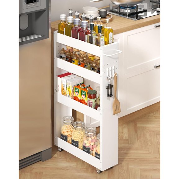 Slim Storage Cart, 4-Tier Narrow Rolling Kitchen Laundry Cart on Wheels, Utility Metal Narrow Bathroom Storage Cabinet Organization Shelf for Small Spaces Between the Washer and Dryer, 5" Width