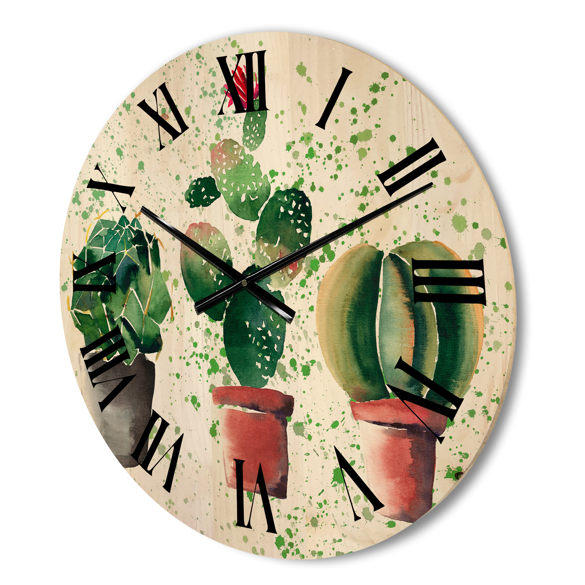 Designart 'Three Cacti In Clay Pots With Green Dots' Traditional Wood Wall Clock