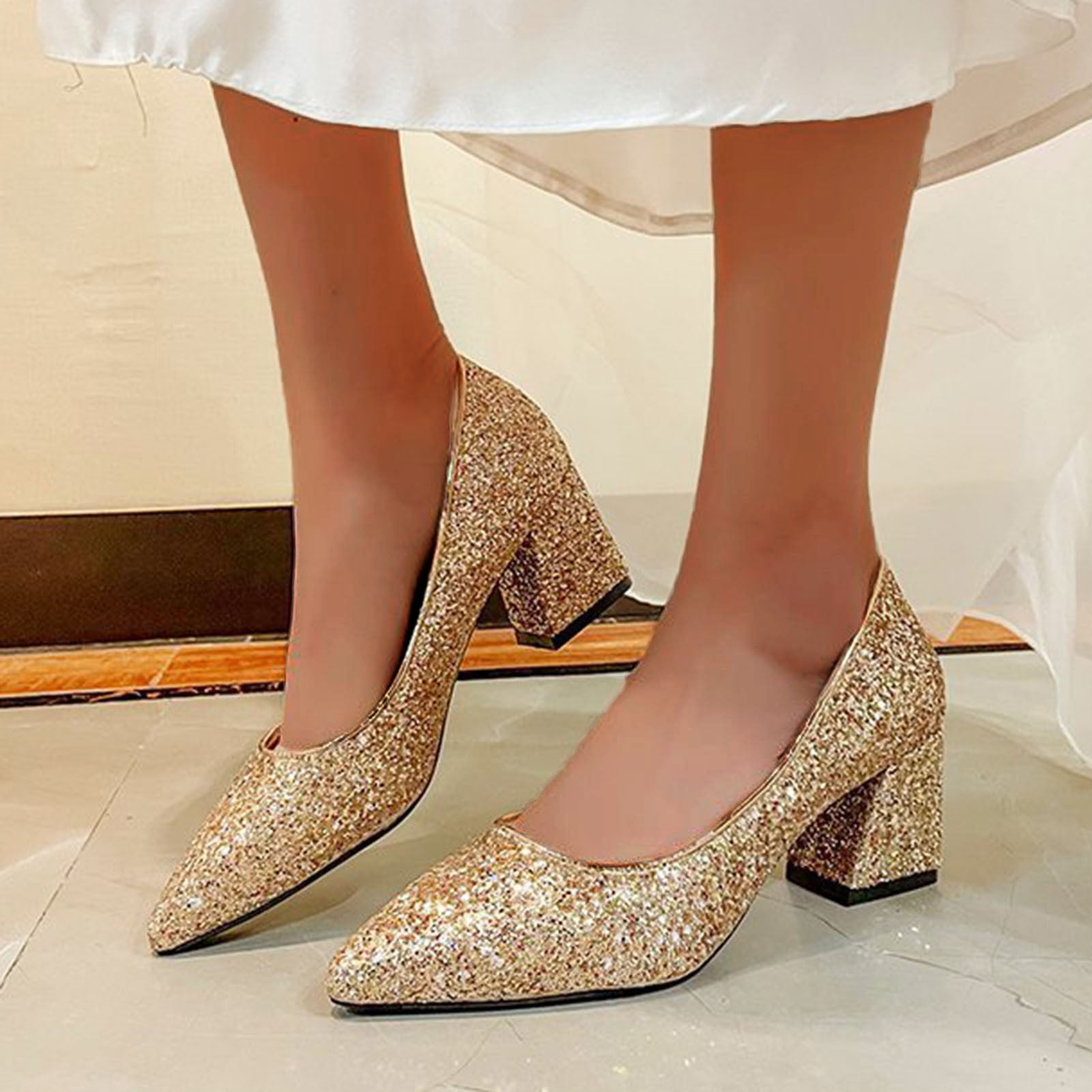 Luxury Gold Silver Sequins High Heels Pumps Women 2023 Pointed Toe Ankle  Straps Wedding Shoes Woman Thick Heeled Party Shoes