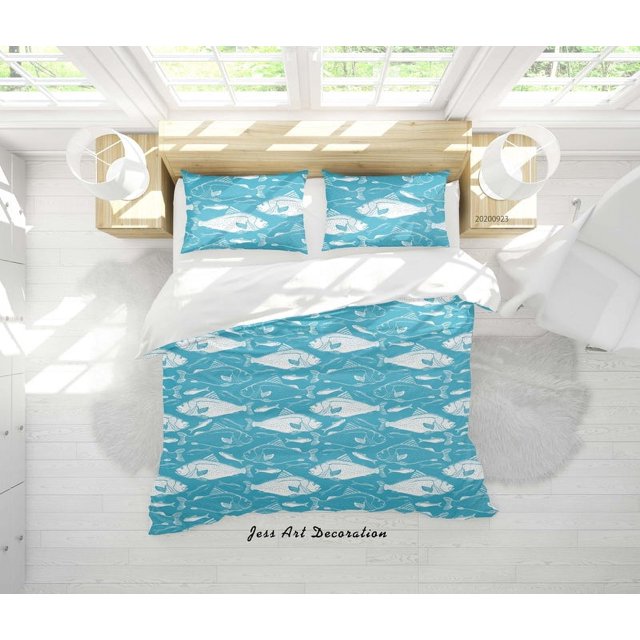 3D Animales Acuáticos Peces Patrón Funda de edredón Juego de Ropa de Cama Funda Nórdica