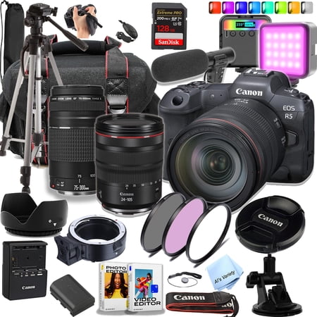 Canon EOS R5 45 MP Full-Frame Mirrorless Camera with 24-105mm USM & 75-300mm Lenses 128GB Extreme SD Card and More (Content Creator Bundle)