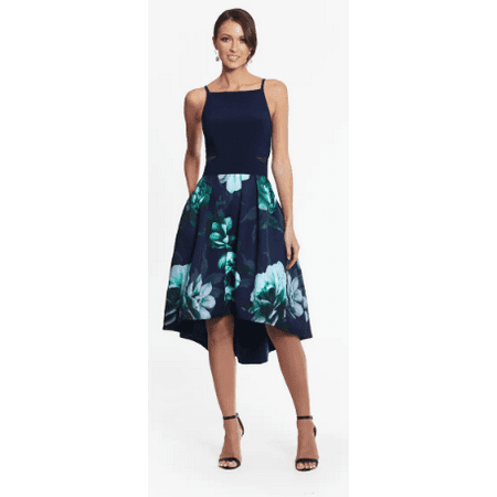 Xscape NAVY/GREEN Women's Floral High/Low Cocktail Dress, US 14