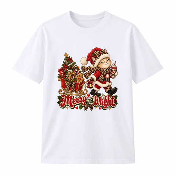 Christmas Santa Cat Sleigh Graphic T-Shirt Cotton Crew Neck Short Sleeve Tee