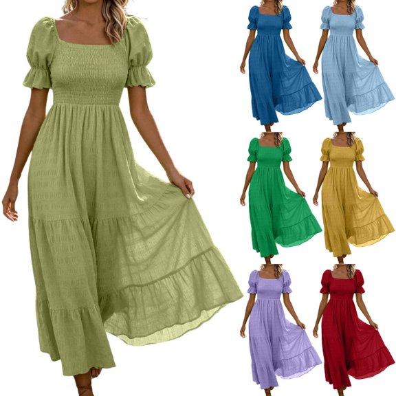 Bxsruta Womens Maxi Dresses Square Neck Puff Sleeve Smocked Flowy Casual Sundress