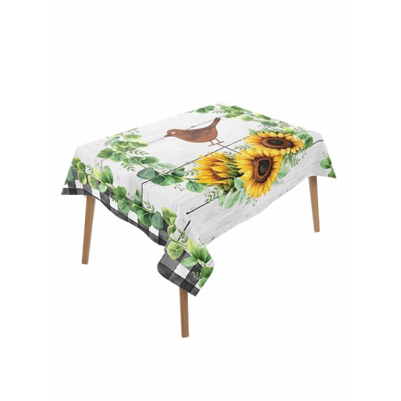 Spring Eucalyptus Sunflower Table Cloth, Waterproof Tablecloth for Rectangle Tables, Farmhouse Birds Gray Wood Reusable Washable Fabric Table Cover for Restaurant Kitchen Dining Tables 60"x84"