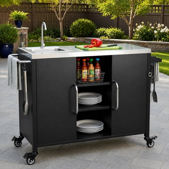 DEALTOPS Outdoor Metal Kitchen Station with Sink & Faucet, Stainless Steel BBQ Prep Cart with Shelves and Wheels, Black