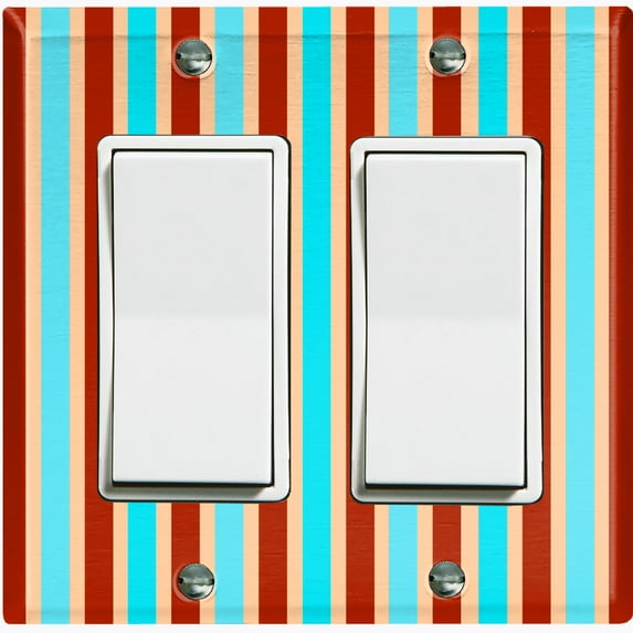Metal Light Switch Wall Plate Outlet Cover (Vintage Burgundy Teal Striped Wall - Double Rocker)
