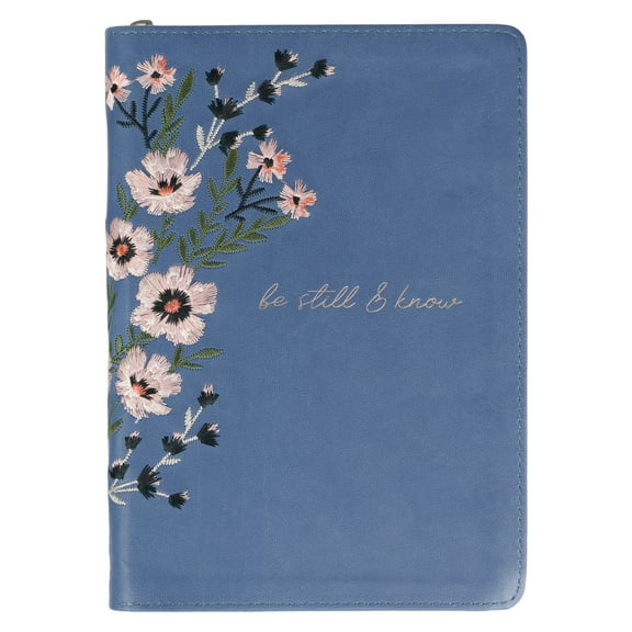 Classic Faux Leather Journal Be Still & Know Psalm 46:10 Blue Floral Embroidered Inspirational Notebook, Lined Pages w/Scripture, Ribbon Marker, Zipper Closure