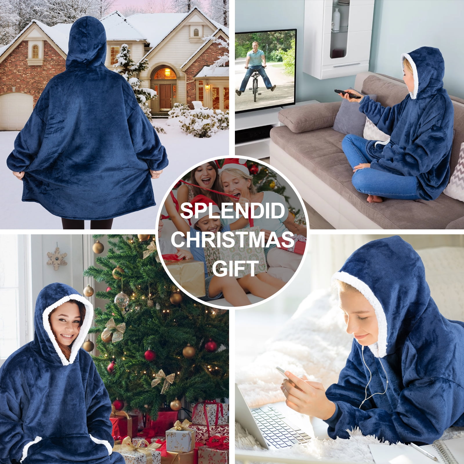 Qoosea Wearable Blanket Hoodie Oversized Fleece Sherpa Sweatshirt with Giant Pocket Winter Hooded Blanket for Women Men Christmas Gifts Navy Blue