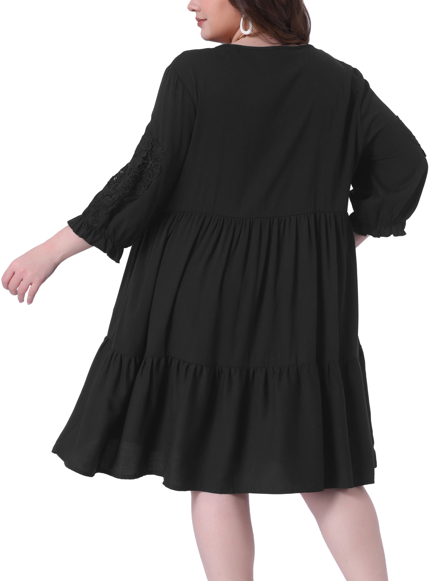 DARING DIVA Plus Size Tie Neck Lace Sleeve Casual Ruffle Midi Flowy Dress 2X Black