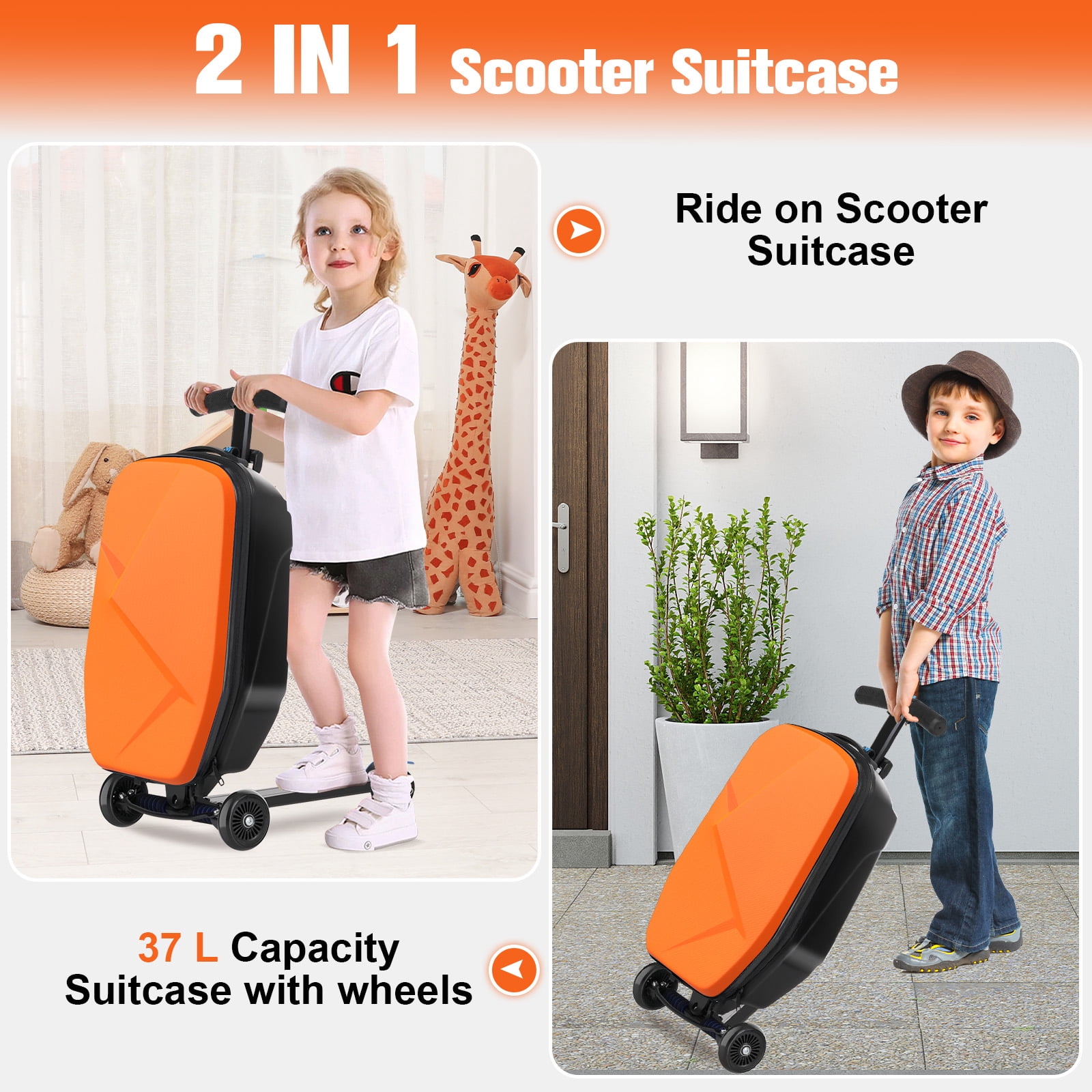 Advwin Scooter Luggage for Kids & Adults, Hardside Ride on Suitcase for Kids Ages 4-15 Multifunctional Lightweight Foldable Carry on Luggage with Wheels Ride on for Children Teenagers, Orange