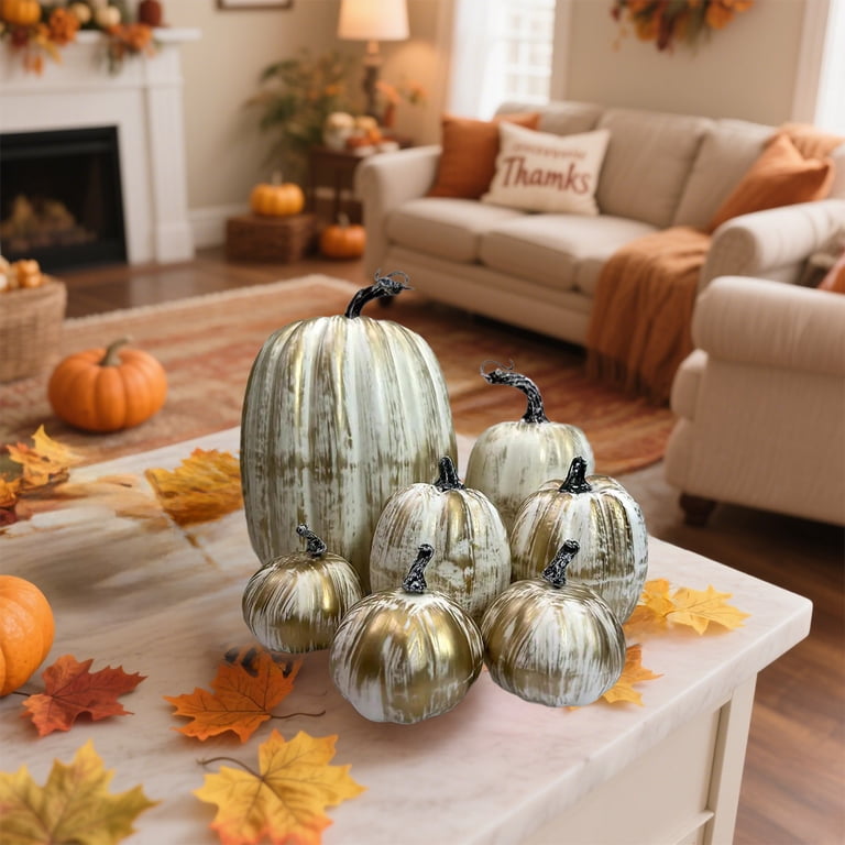 WBTY 7-Piece Simulation Pumpkin Set – Artificial Foam Pumpkins For Halloween & Thanksgiving Decor, Various Sizes, Orange