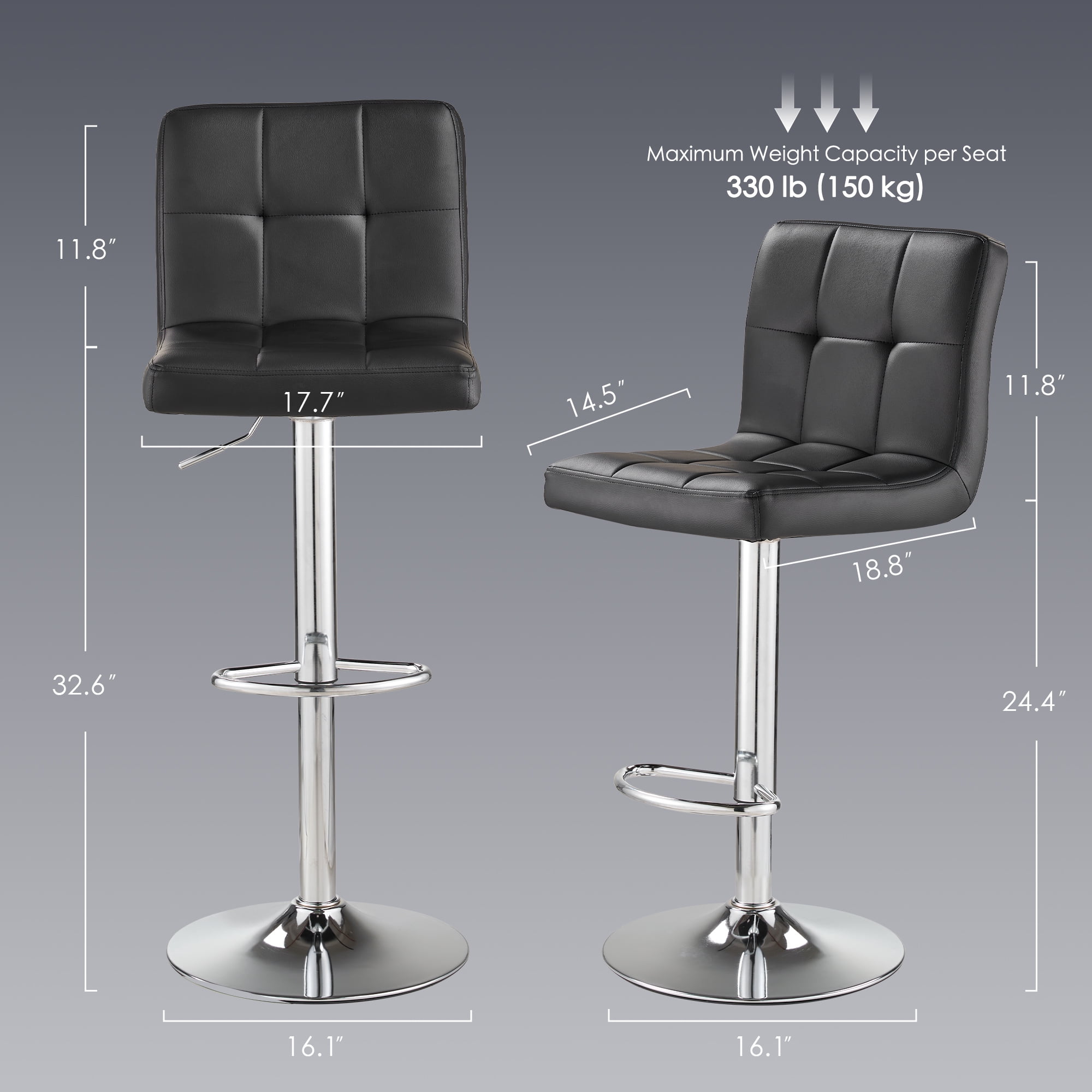AUNEKIV Bar Stools Set of 2, Thickened Seat Cushion Square Swivel Bar Stools with Back, Adjustable Counter Height Bar Chairs for Kitchen Island, Dining Room,Black with Silver Base