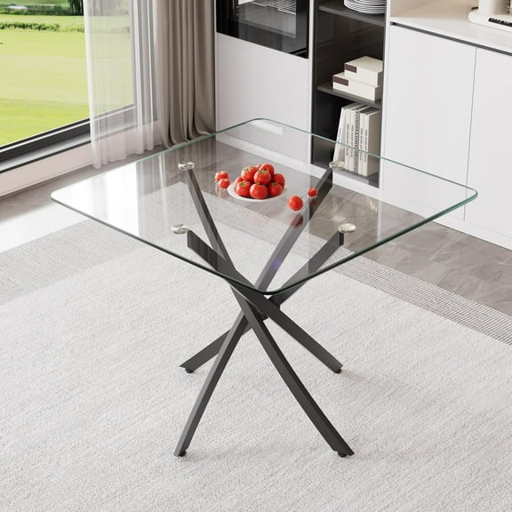 36" Glass Dining Table for 2-4, Contemporary Square Dining Room Table with Tempered Glass Top & Black Finish Stainless Steel Legs, Modern Kitchen Table for Home Office