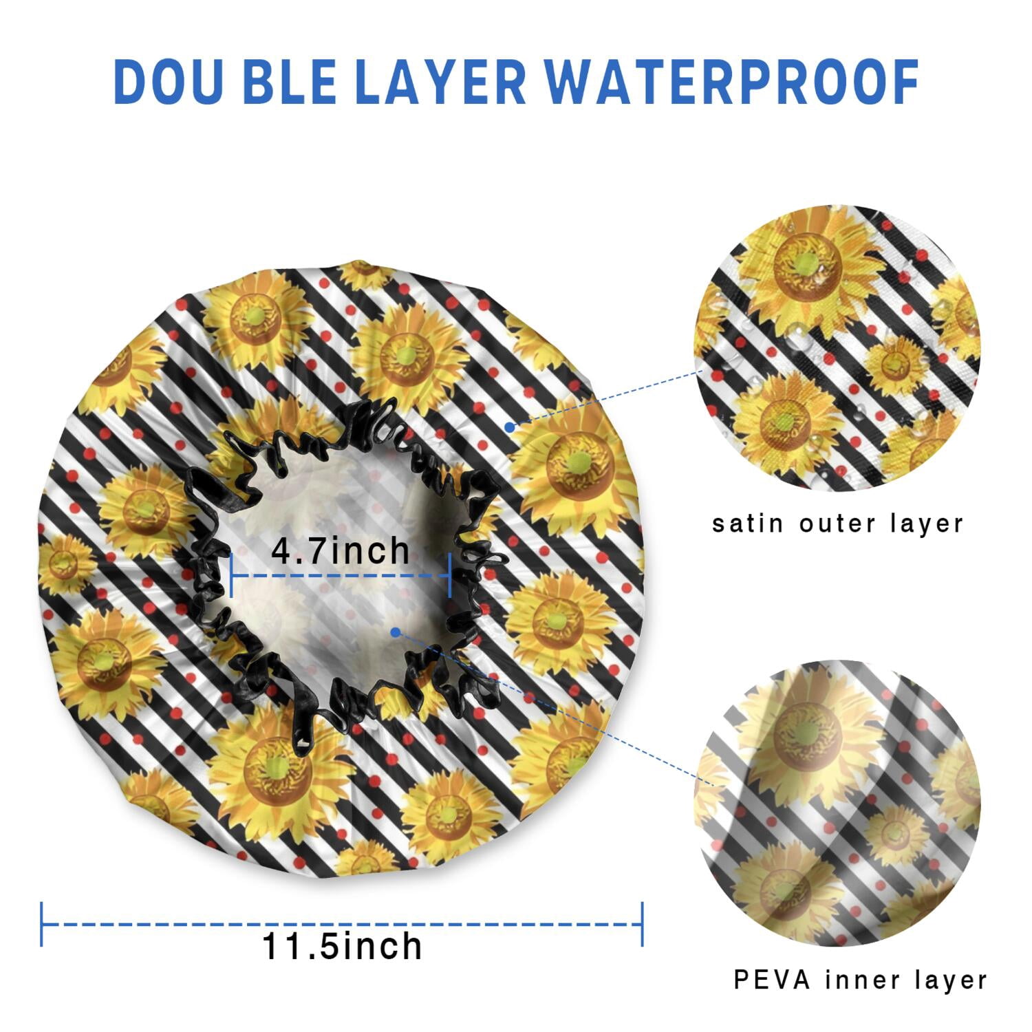 Shower Caps,Black White Stripe Sunflower Pattern Waterproof Shower Cap for Women 4 Pieces,Double Reusable Hair Cover for Shower PEVA Elastic Stretch Hem