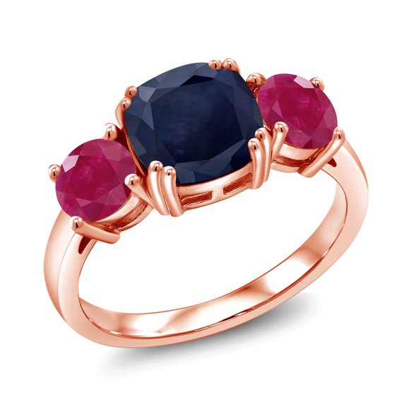 Gem Stone King 18K Rose Gold Plated Silver Blue Sapphire and Red Ruby 3 Stone Engagement Ring for Women (3.92 Cttw, Gemstone September Birthstone, Cushion 8MM, Size 9)