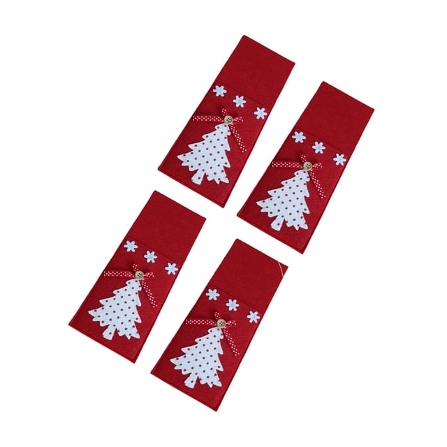facefd 4 Pieces/Set Christmas Tree Dinnerware Holder Bag Storage Pouch Decoration Organizer Fork Spoon Festival Party Red Red