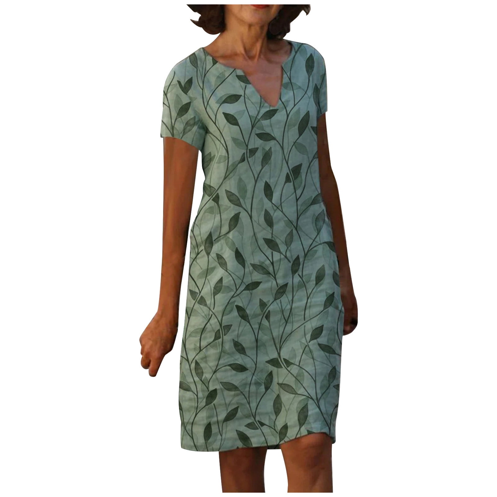 Casual Floral Skirt Womens Summer V-Neck Print Short Sleeve Straight Dress