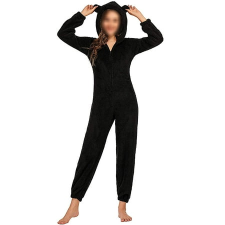 Aunavey Women One Piece Fleece Pajamas Jumpsuit Cartoon Bear Hooded Fuzzy Warm Sherpa Romper Sleepwear