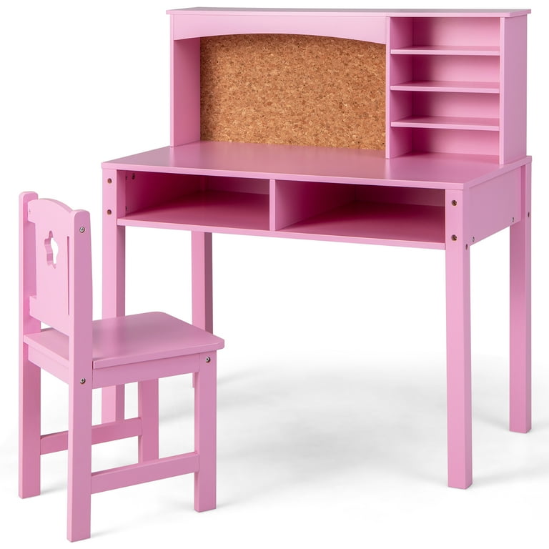 Costway Kids Desk and Chair Set Study Writing Workstation with Hutch &  Bulletin Board Pink