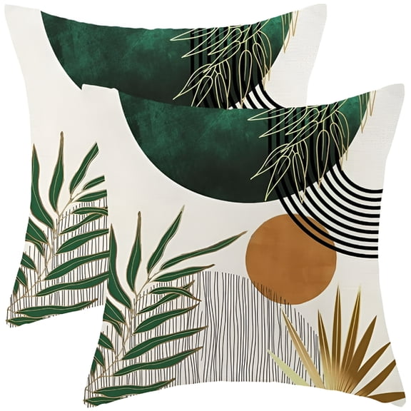 AUQ Boho Pillow Covers 18X18 Set of 2 Green Gold Throw Pillow Covers Outdoor Decorations Mid Century Bohemian Style Tropical Leaves Pillowcase Farmhouse Decorative Cushion Case