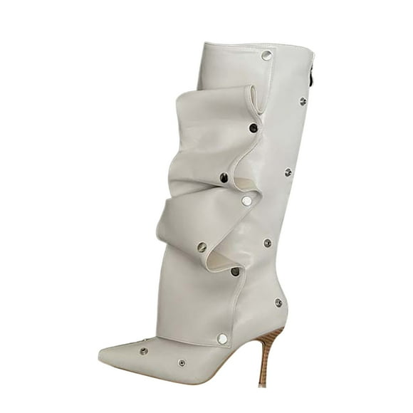 Bmisegm High Heeled Pointed Toe PU Fashionable Boot Stitching for Casual Wear Stacked Knee High Boots Shoes Boots for Women White 7