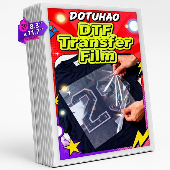 DOTUHAO DTF Transfer Film, 50 Sheets A4 DTF Paper, Premium Direct to Film Sheets for Inkjet Printers, Premium Double-Sided Matte Finish PET Transfer Paper, Perfect for Custom T-Shirts, Hoodies, Bags