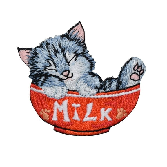 Cat in Red Milk Bowl, Kitten, Pets, Embroidered, Iron on Patch