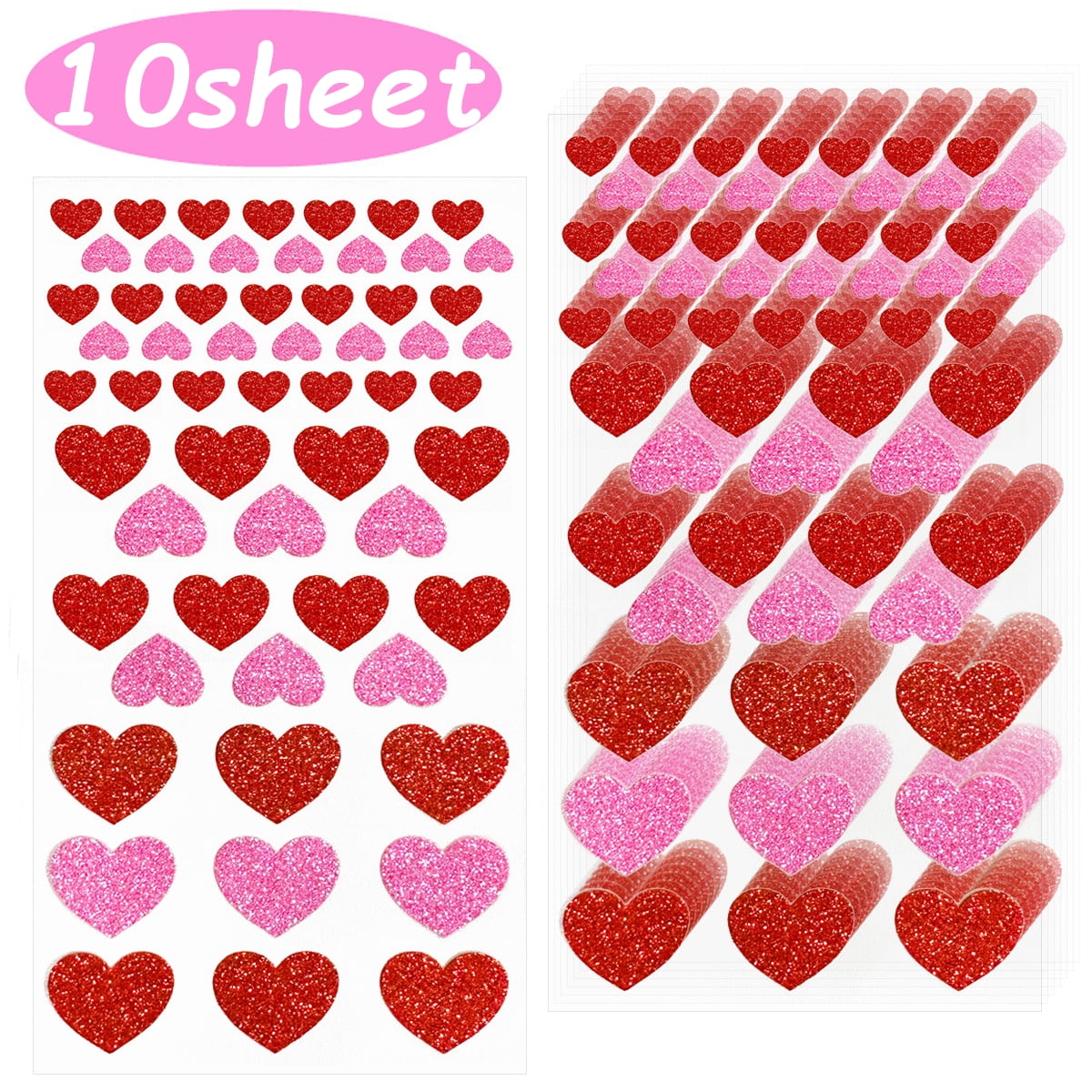 Glitter Foam Stickers - Hearts - Red, Pink and Silver - Pack of 168