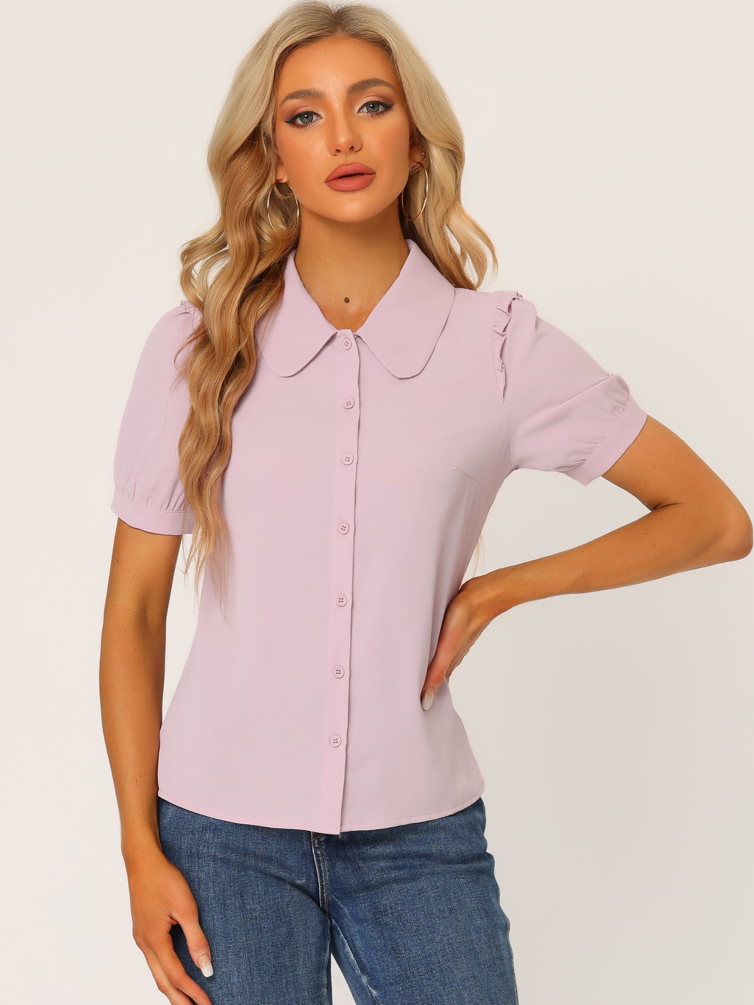 DARING DIVA Women's Peter Pan Collar Short Sleeve Button Front Shirts XS Pink
