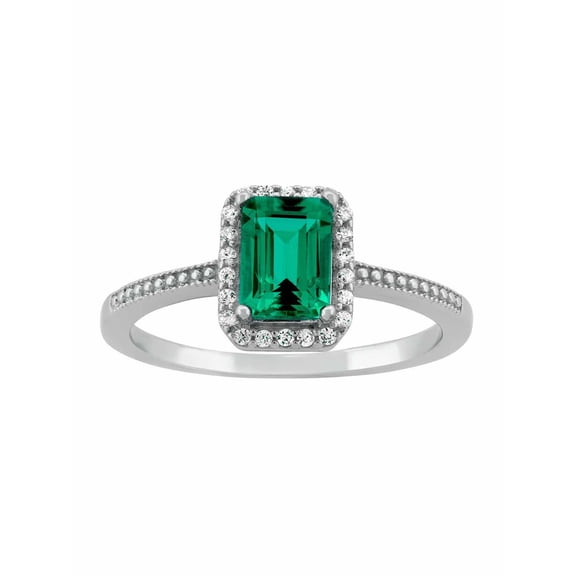 Created Emerald and CZ Sterling Silver Emerald-Cut Halo Ring