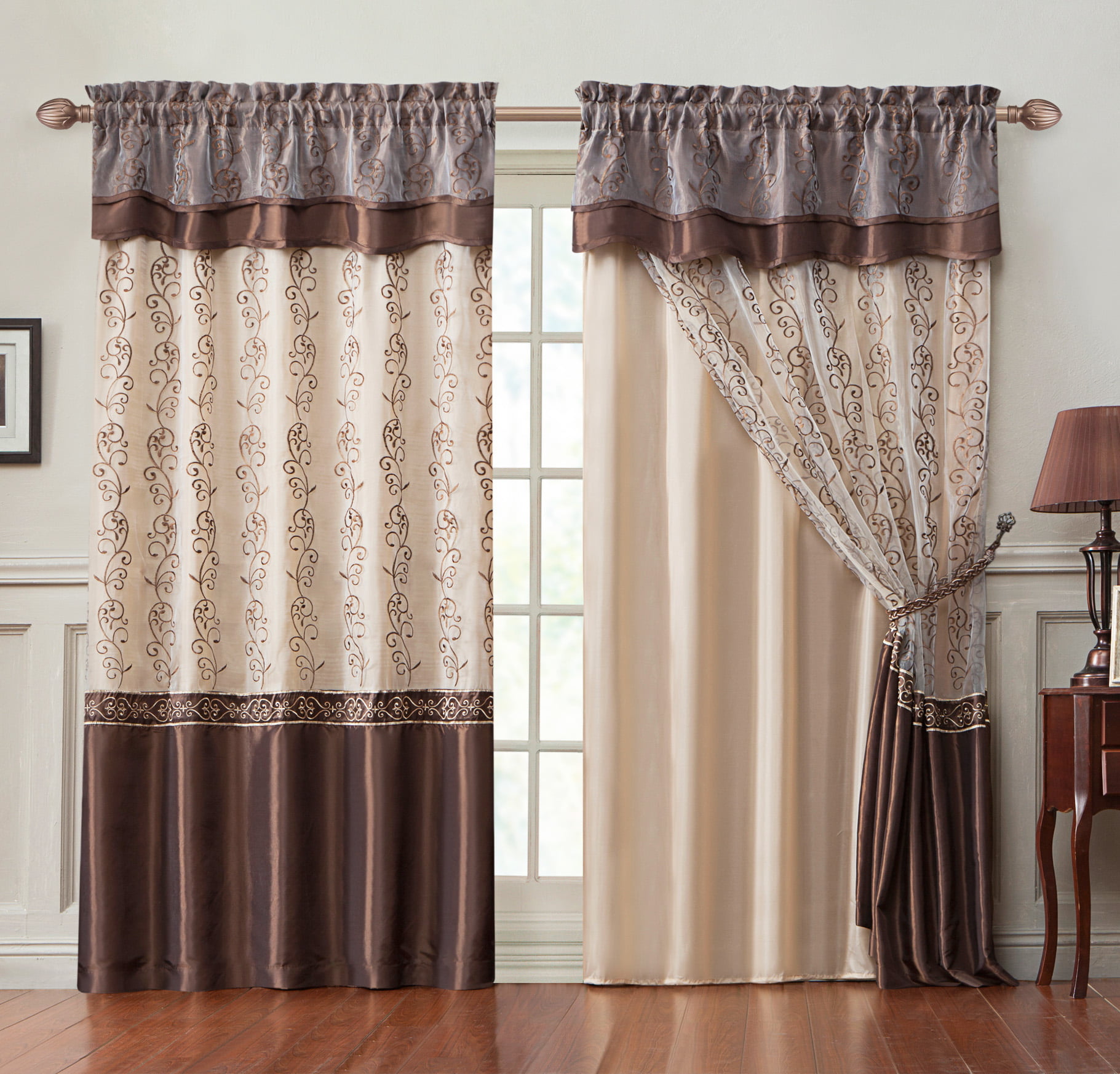 Single 55"W x 90"L 1 Beige Textured Sheer Window Curtain Panel: Embroidered 