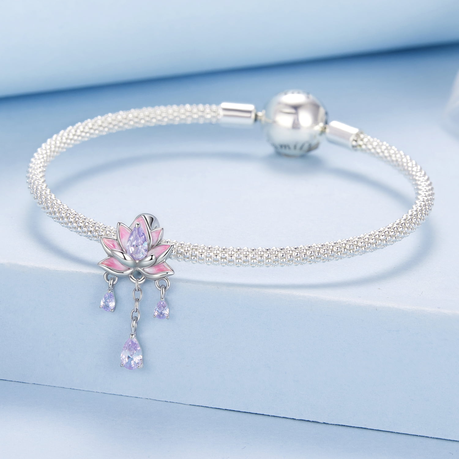 Pink Purple Lotus Tassel Silicone Beads Charm 925 Sterling Silver Charm ,Charm for Bracelets, Gift for Women