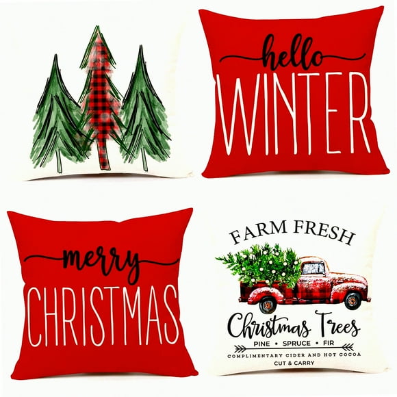 Winter Farmhouse Pillow Covers Set - Red 20x20 Throw Cushion Case Decorations for Home Couch - Merry Tree Truck Holiday Decor - S22C34-20