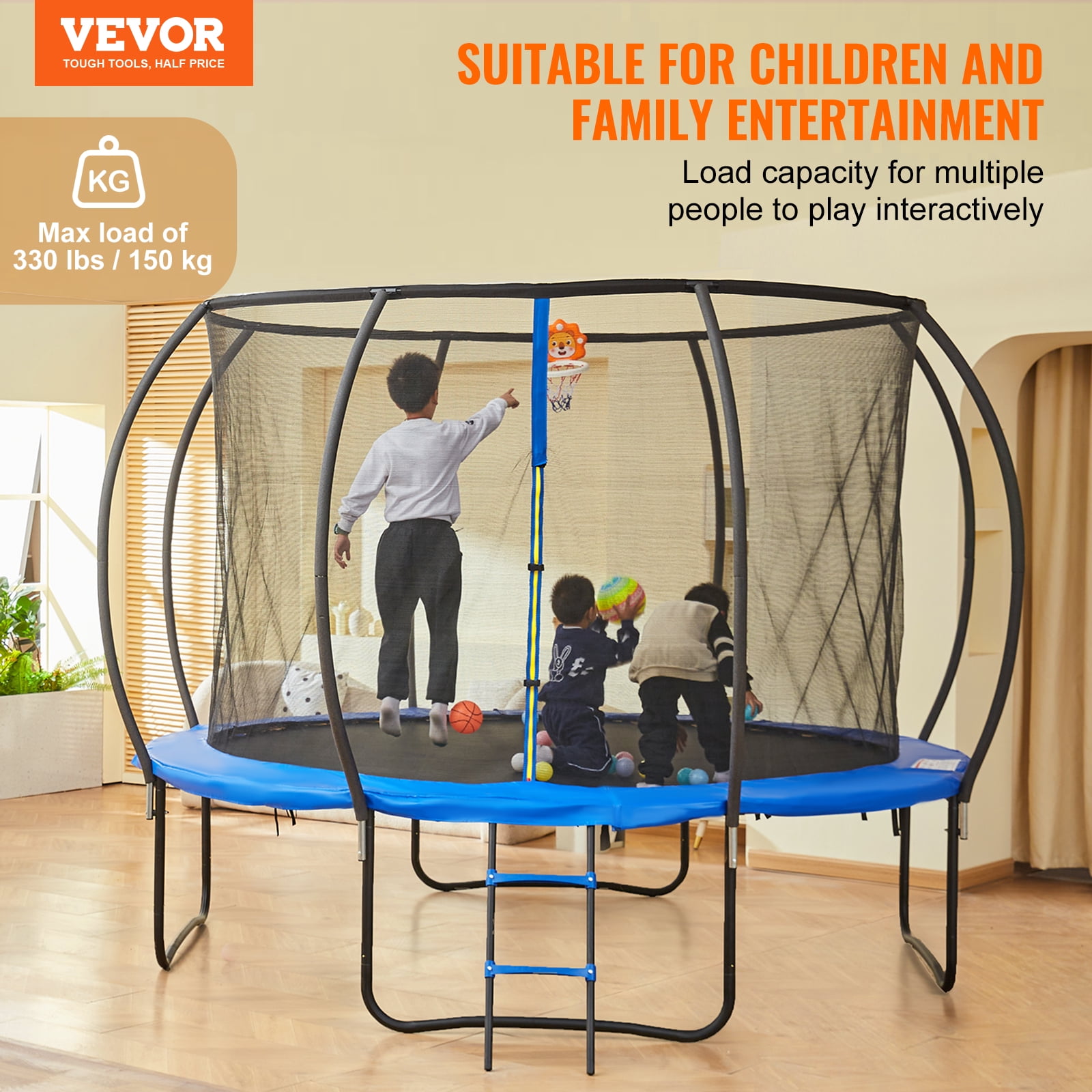 KFFKFF 10FT Outdoor Recreational Trampoline Hoop for Kids with safety Enclosure Net