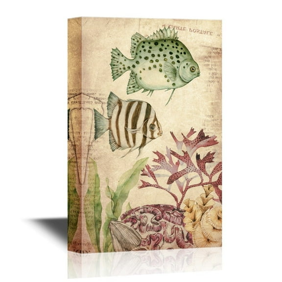 wall26 - Canvas Wall Art - Vintage Style Tropical Fish Under The Sea - Gallery Wrap Modern Home Art | Ready to Hang - 16x24 inches