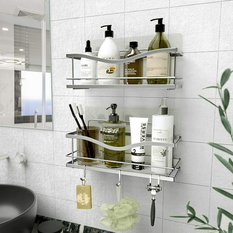 Orimade Adhesive Shower Caddy Soap Dish Holder Shelf with 5 Hooks Bathroom  Organizer Basket Kitchen Storage Rack Wall Mounted No Drilling Stainless