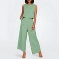 thumbnail image 2 of Conjunto de dos piezas de lino de color liso para mujer: top corto sin mangas con botones y pantalones de pierna ancha, tejido transpirable para el verano, 2 of 8