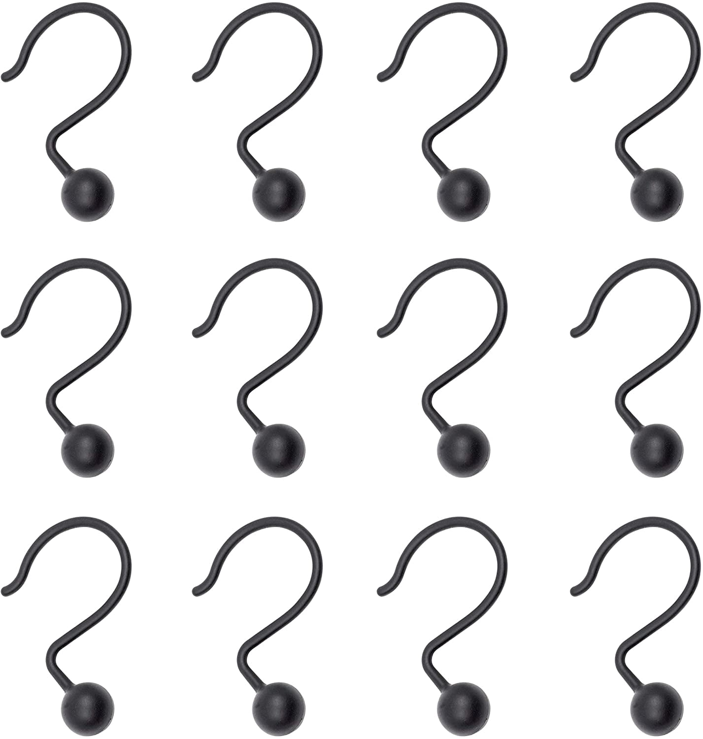 NeverRust Rustproof Aluminum Shower Curtain Hooks, Durable Smooth-Glide Rings for Curtain, Elegant Corrosion-Resistant Rings, Set of 12, Matte Black