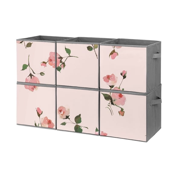 Collapsible Oxford Fabric Storage Cubes with Handles, Large Mid Foldable Oxford Cloth Bins Set of 2/6, Closet Organizers for Shelves Clothes Home Kitchen Toy - Rose Pattern