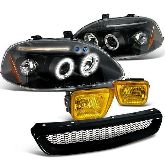 Spec-D Tuning Black Halo LED Projector Headlights Grille Amber Fog Lights Compatible with 1996-1998 Honda Civic Left   Right Pair Headlamps Assembly