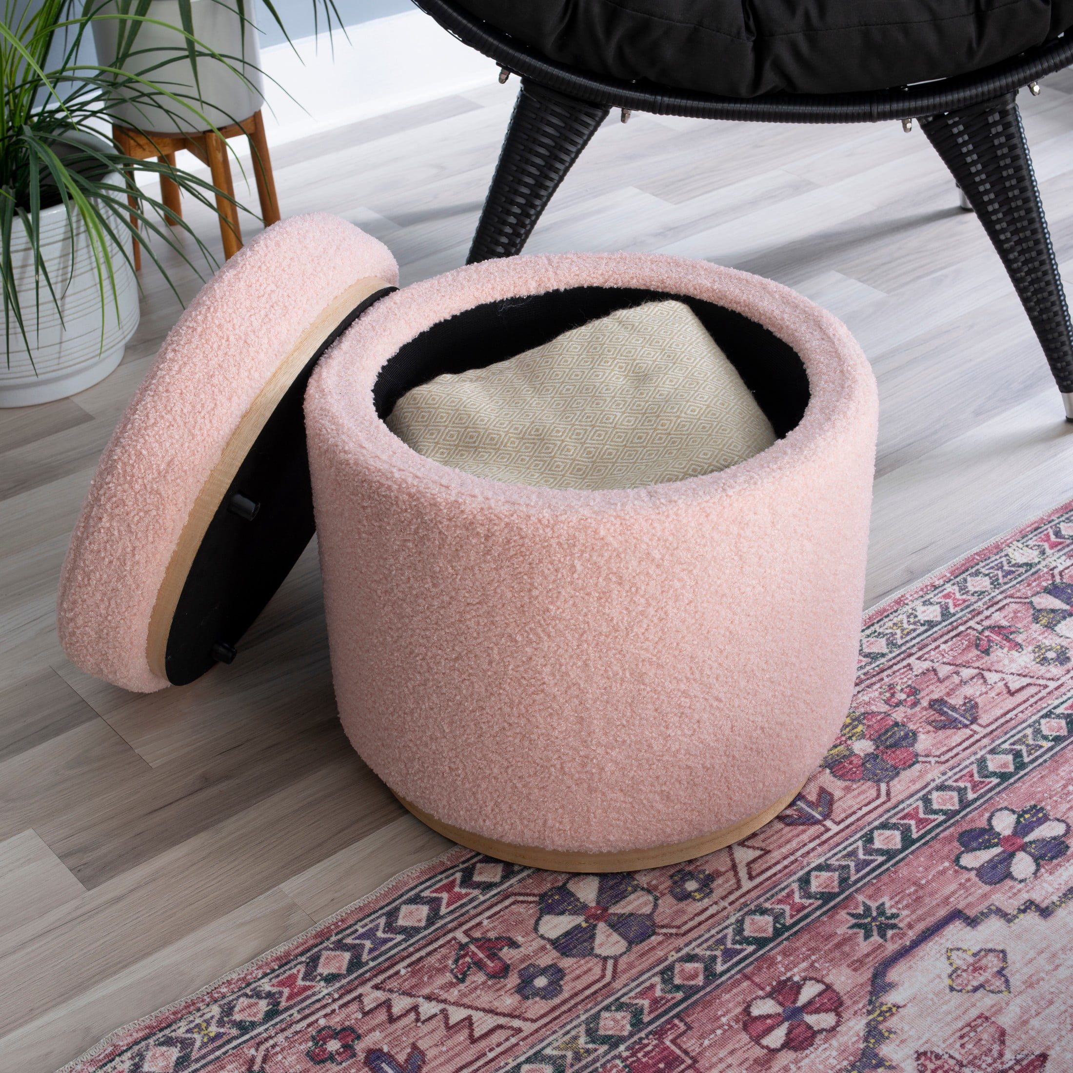 Linon Primrose Storage Ottoman Stool, Natural Finish with Blush Sherpa Fabric