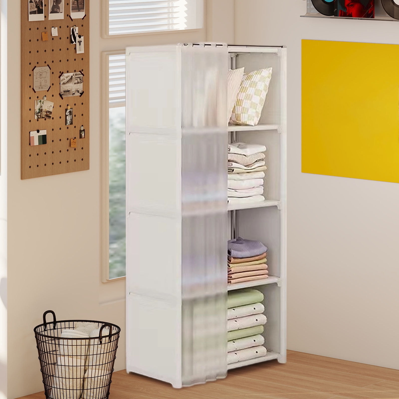 4-Tier Wardrobe Closet with Zippered Dust-Proof Curtain, Fabric Storage Organizer for Bedroom, Heavy Duty Closet Organizer with Shelves, Easy Assembly Standing Wardrobe Cabinet for Clothes