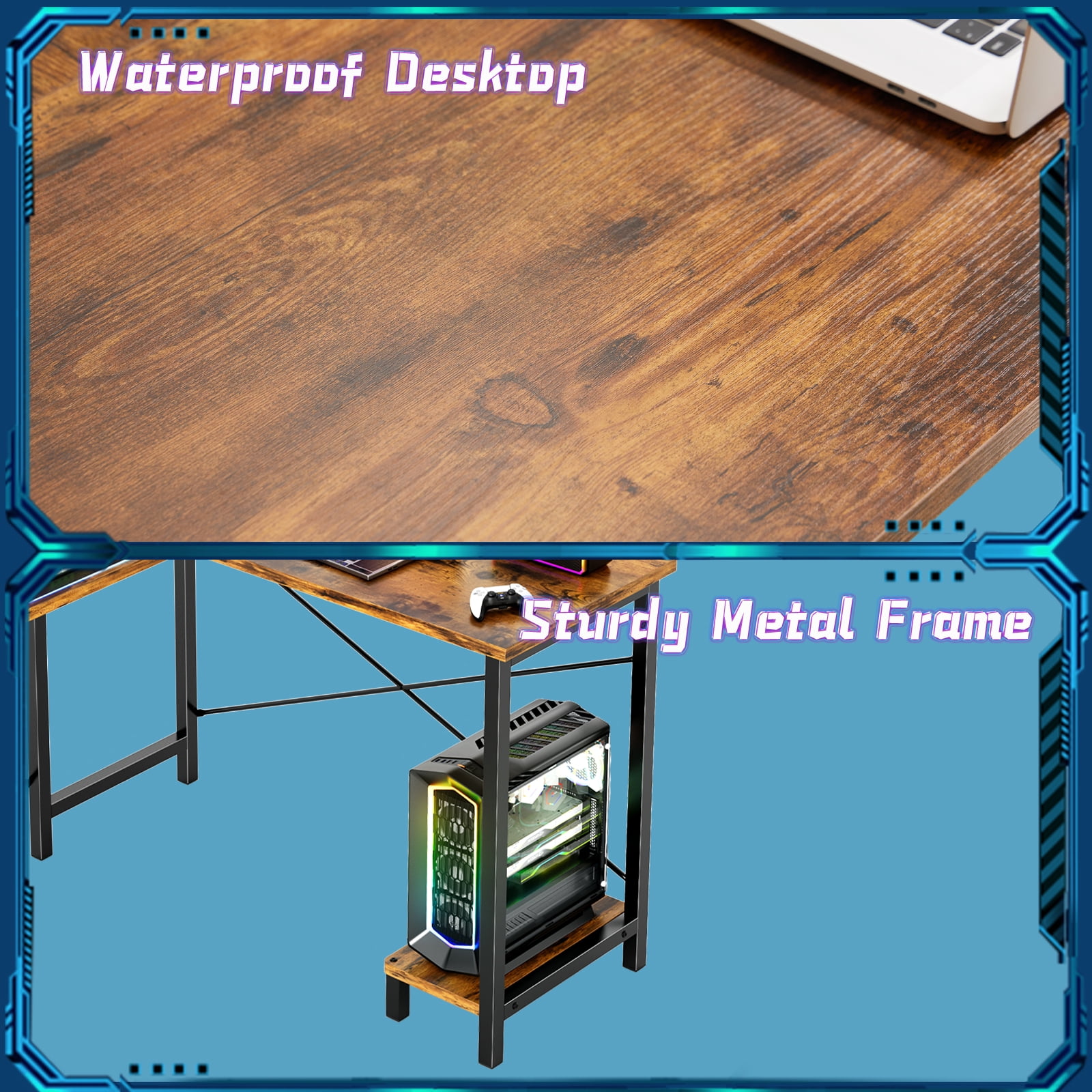 CONCETTA L Shaped Gaming Desk with Wooden Desktop CPU Stand Side Bag Reversible for Home Office Small Space, Rustic Brown