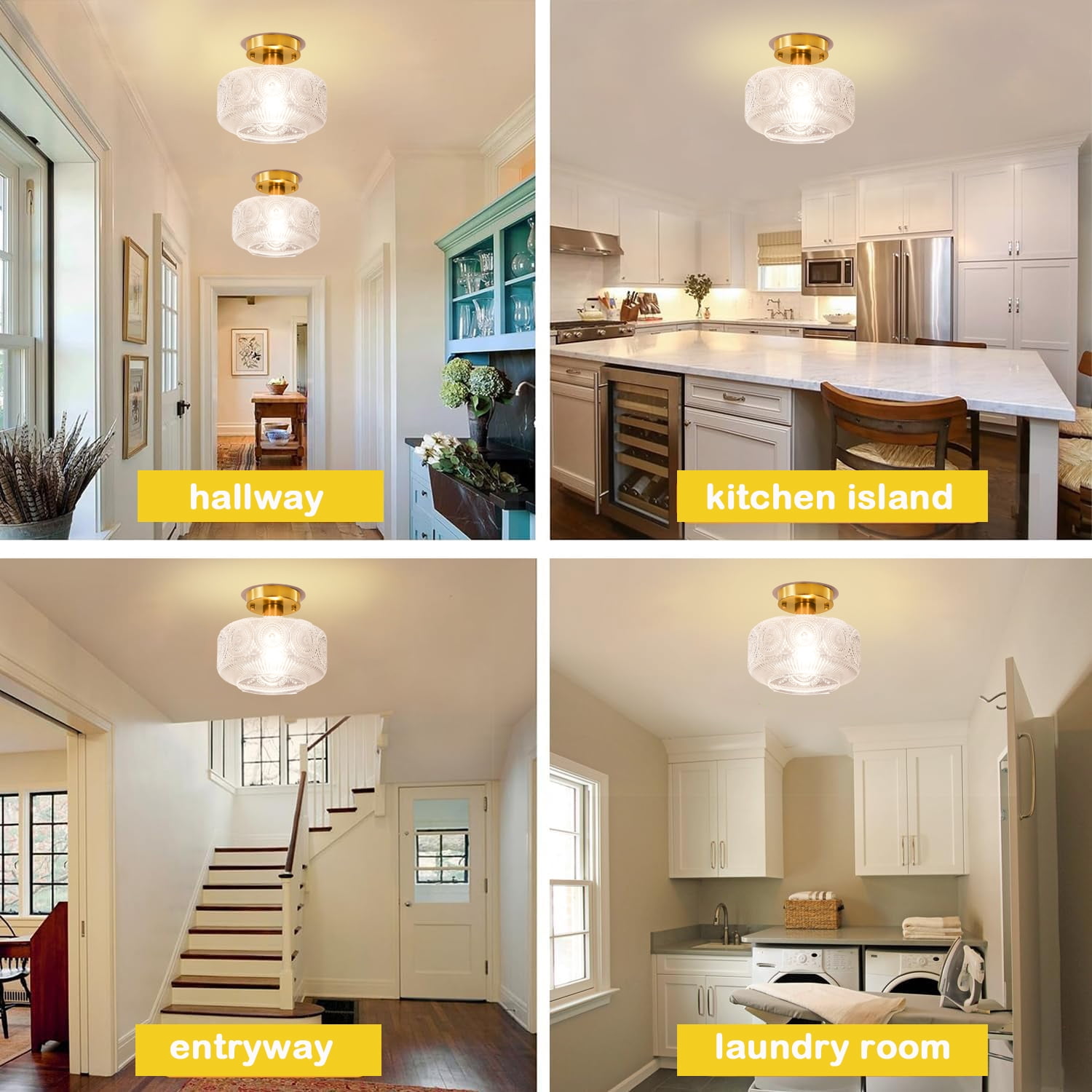 Semi Flush Mount Ceiling Light Fixture,Glass Ceiling Light,Gold Light Fixture Ceiling Mount,Vintage Ceiling Light for Hallway Bedroom Kitchen Entryway Living Room